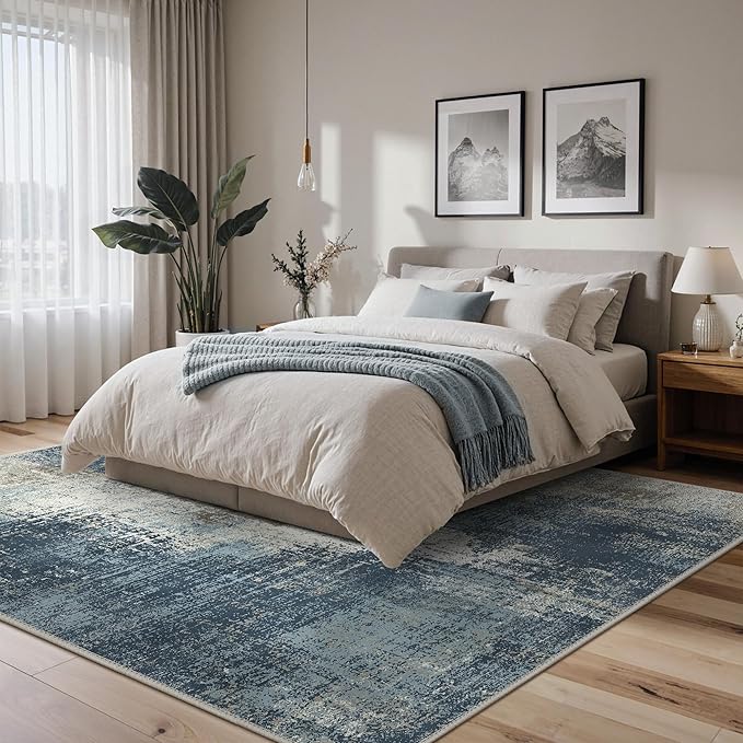 Area Rugs 8x10 for Living Room Bedroom, Modern Abstract Machine Washable Rug, Large Soft Low Pile Floor Carpet with Non Slip Backing for Dining Room, Slate Blue