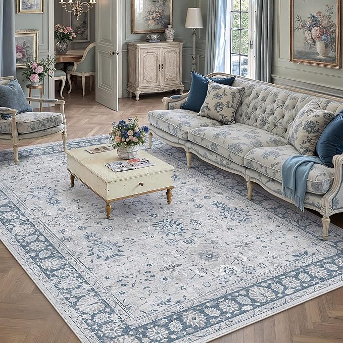 6x9 Area Rug Blue Washable Vintage Carpet Living Room Bedroom Large Non Slip Stain Soft Resistant Low Pile Thin Boho Accent Indoor Throw Rug for Dining Room Office