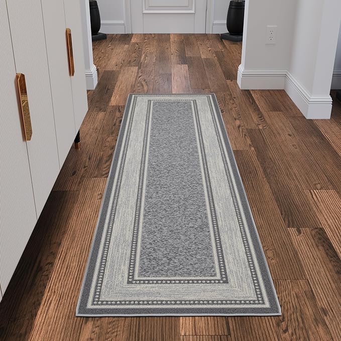Ottomanson Hallway Runner Rug 1'10" x 7' Non Slip Border Area Rugs Easy to Clean Laundry Rug Runner Durable & Pet Friendly Floor Carpet Runners for Hallways Entryway Living Room Kitchen, Light Gray