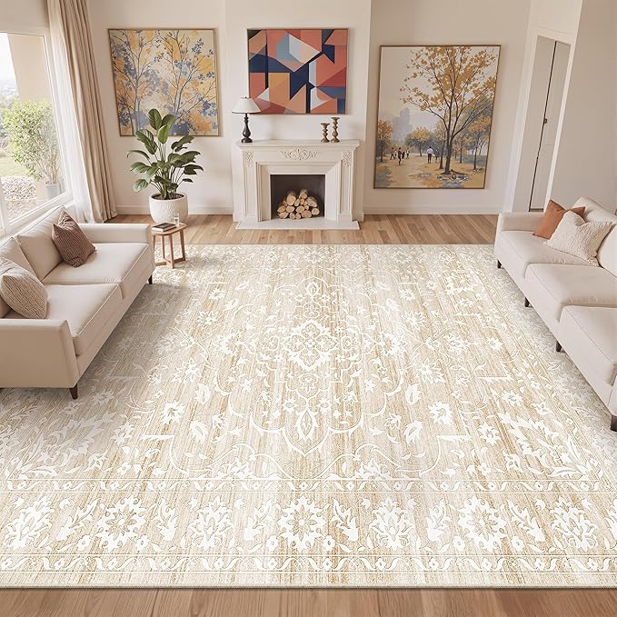 Living Room 10x14 Area Rugs, Washable Low Pile Non-Slip Stain Resistant Extra Large Thin Rug, Vintage Soft Throw Carpet for Dining Room Bedroom Farmhouse Home Office Decor Beige