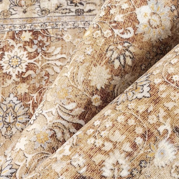 HUGEAR 8x10 Machine Washable Rugs Brown Beige Hallway Large Area Rug Indoor Accent Rug Floral Low Pile Carpet Soft Throw Aesthetic Rug Bedroom Living Room Office Dining Room Kitchen Laundry Room