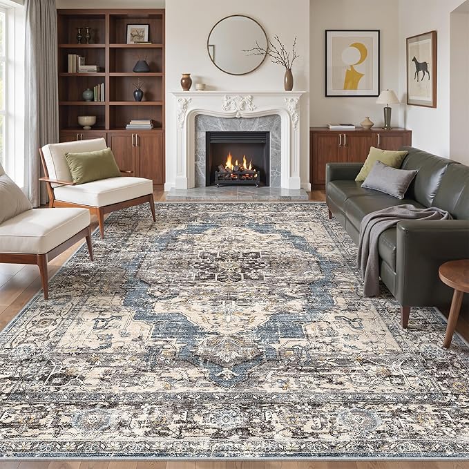 9x12 Area Rugs for Living Room,Ultra-Thin Washable Rug, Non-Slip Lightweight Foldable Area Rug, Stain Resistant Vintage Large Rugs(Blue/Black,9'x12')