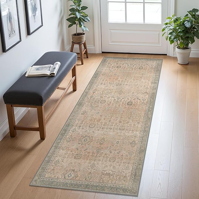 2x5 Runner Rug Machine Washable Boho Rug Runners for Hallway,Ultra-Thin Low Pile Rug,Lightweight Indoor Carpet,Non Slip Floral Runners for Enrtyway, Corridor, Home Office, Kitchen,Light Beige