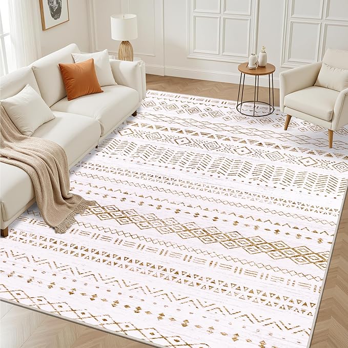 6x9 Area Rugs Living Room Rug: Washable Rug Neutral Lagre Soft Thin Carpet Indoor Floor Non Slip Boho Geometric Moroccan Carpets for Bedroom Dining Room Farmhouse Nursery Office - Brown