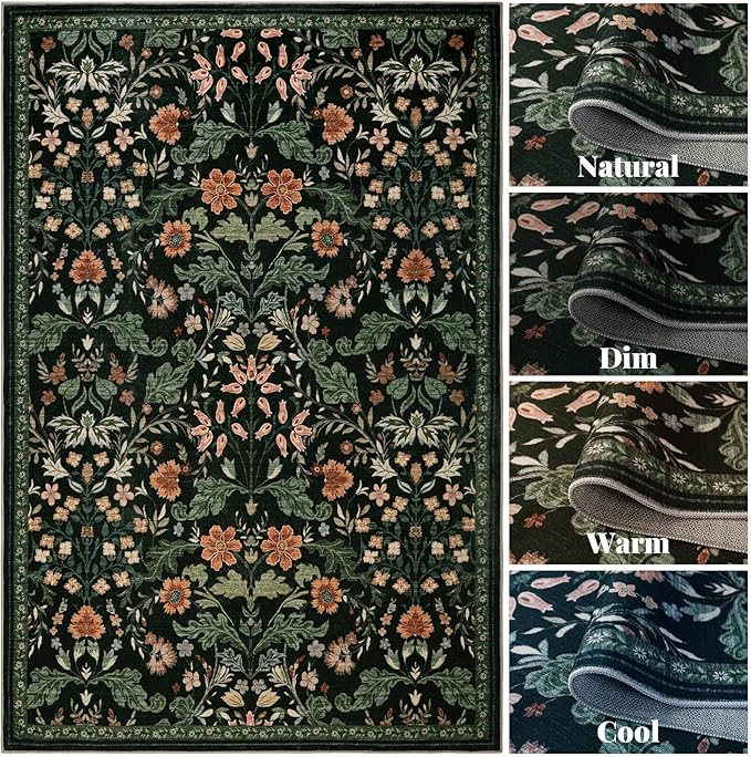 Floral Entryway Washable Rug: 2x3 Soft Low Pile Thin Indoor Front Door Mat, Non Slip Stain Resistant Vintage Flower Boho Accent Small Rugs for Bedroom, Kitchen, Bathroom, Nursery Entrance - Black