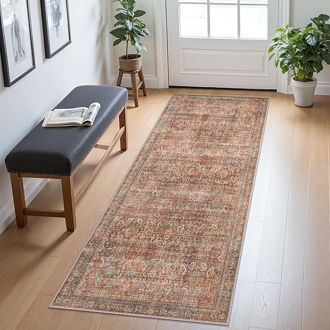 2x7 Runner Rug Machine Washable Boho Rug Runners for Hallway,Ultra-Thin Low Pile Rug,Lightweight Indoor Carpet,Non Slip Floral Runners for Enrtyway, Corridor, Home Office, Kitchen,Terracotta/Indigo