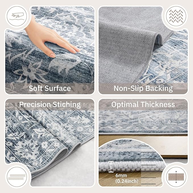 6x9 Area Rugs for Living Room, Stain Resistant Neutral Washable Rugs for Bedroom, Floral Vintage Non-Slip Soft Throw Carpet for Dining Room Farmhouse (Blue, 6'x9')