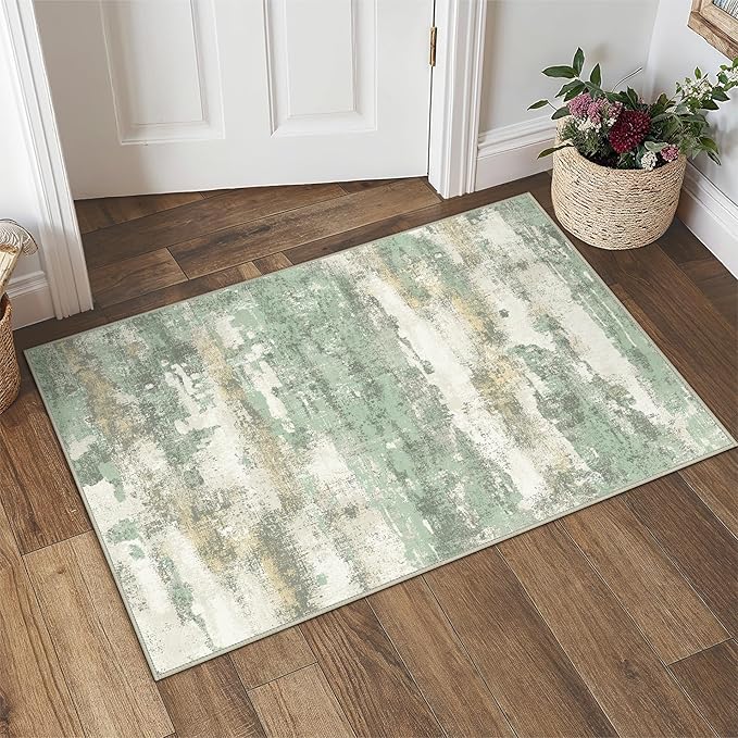 1'5''x2'5'' Rugs for Entryway Entrance Kitchen Bathroom, Machine Washable Modern Abstract Rug, Small Soft Low Pile Indoor Floor Mat with Non Slip Backing, Light Green