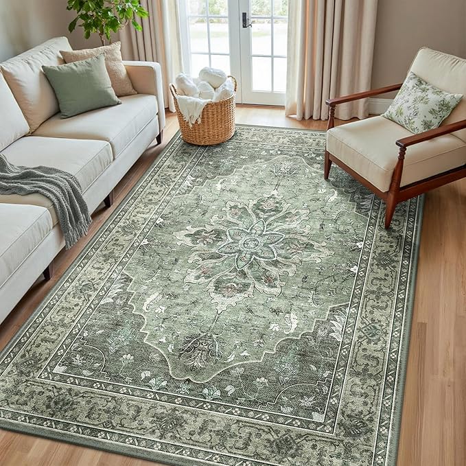 Area Rugs 5'x8' Washable Non-Slip, Floral Vintage Distress Print Pattern Medallion Carpet for Living Room Bedroom Dining Room, Dark Green Gray