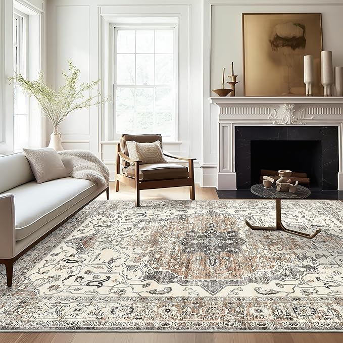 5x7 Area Rugs for Living Room, Stain Resistant Neutral Washable Rugs for Dining Room, Floral Vintage Non-Slip Thin Large Size Area Rug (Brown/Grey)
