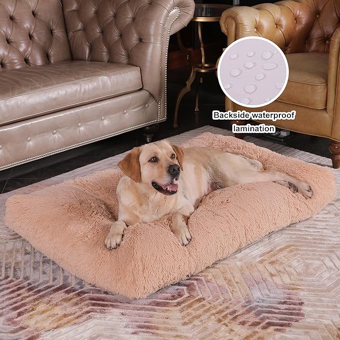 Bedfolks Waterproof Crate Bed, Plush Dog Kennel Pad with Removable Washable Cover, Faux Fur, Fluffy, 41"x27", Solid Camel
