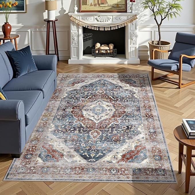 Deerly 3x5 Area Rug with Non-Slip Backing, Washable Rugs for Bedroom Living Room Kitchen, Distressed Carpet Printed Low-Pile Soft Dorm Rug Room Decor(Border Brown/Navy Blue)