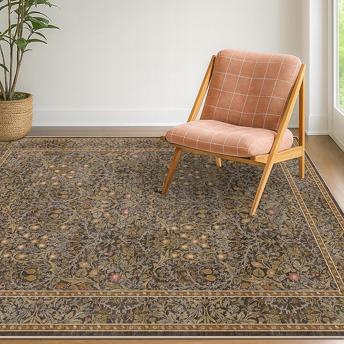 Vintage Brown 4x6 Area Rugs for Large Entryway, Bedroom Beside Rug, Kitchen, Mudroom, Non-Slip Low Pile Ultra Soft Stain Resistant Small Floral Carpet
