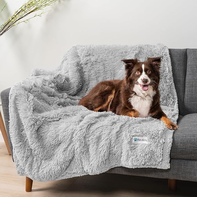 PetAmi Waterproof Dog Blanket for Medium Large Dogs, Calming Fleece Cat Blanket, Couch Protector Washable Sherpa Faux Fur Pet Throw for Puppy, Soft Reversible Leakproof 40x60 Light Gray