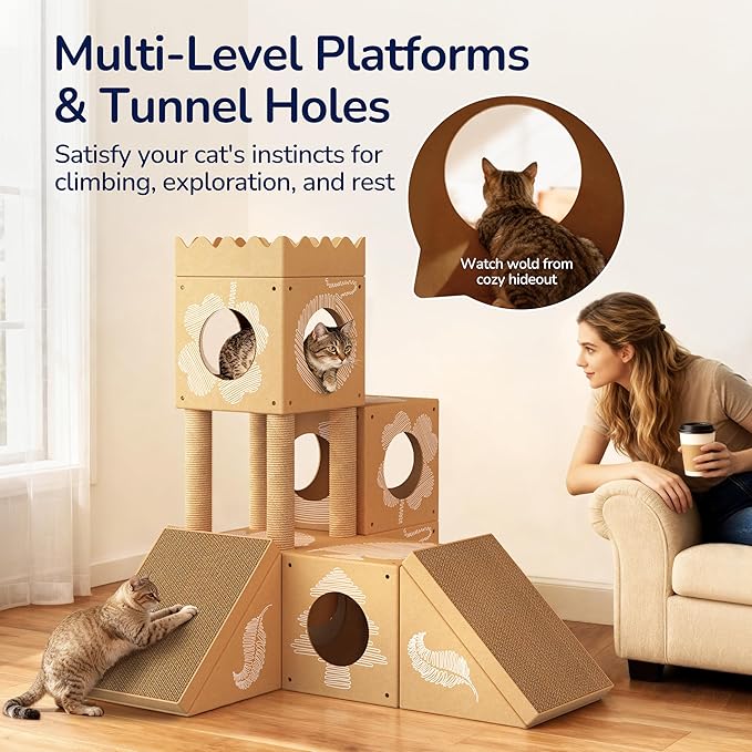 DIY Cardboard Cat House, Multi-Level Cat Tree Tower with Scratching Posts, Scratching Pad, Tunnel & Playhouse for Kittens & Adult Cats, Recyclable 48.8" × 25" × 40.16", Kraft Brown