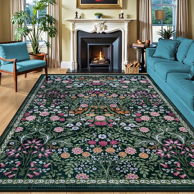8x10 Area Rugs for Living Room: Floral Washable Rug Vintage Large Soft Boho Non-Slip Carpet Indoor Floor Stain Resistant Carpets for Bedroom Dining Room Farmhouse Nursery Home Office Dark Green