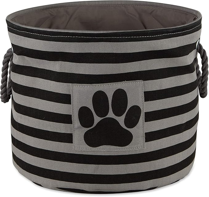 Bone Dry Pet Storage Collection Striped Paw Patch Bin, Black, Small Round