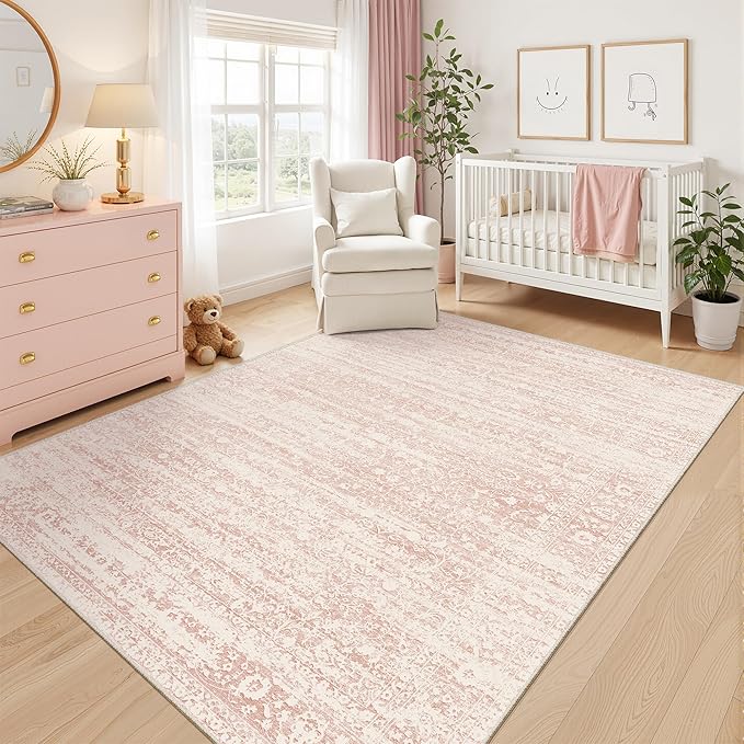 Pink 5x7 Area Rugs for Baby Girl Nursery, Washable Rugs Vintage Floral Non-Slip Low Pile Soft Throw Carpet for Living Room Dining Room Bedroom Kids Playroom (Pink, 5'x7')