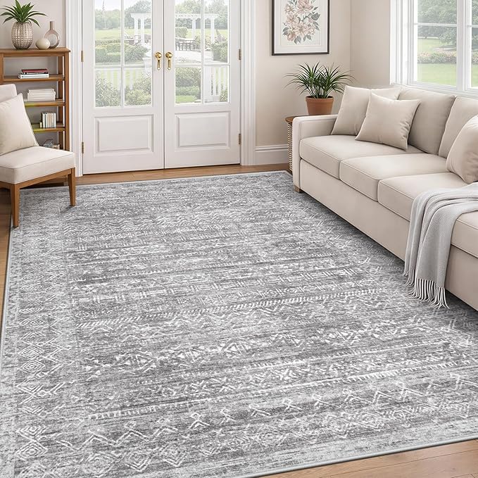 Washable Rug 6x9 Area Rugs: Modern Geometric Rugs for Living Room Non Slip Soft Low Pile Moroccan Indoor Carpet for Bedroom Nursery Dining Room Home Office (Grey, 6'x9')