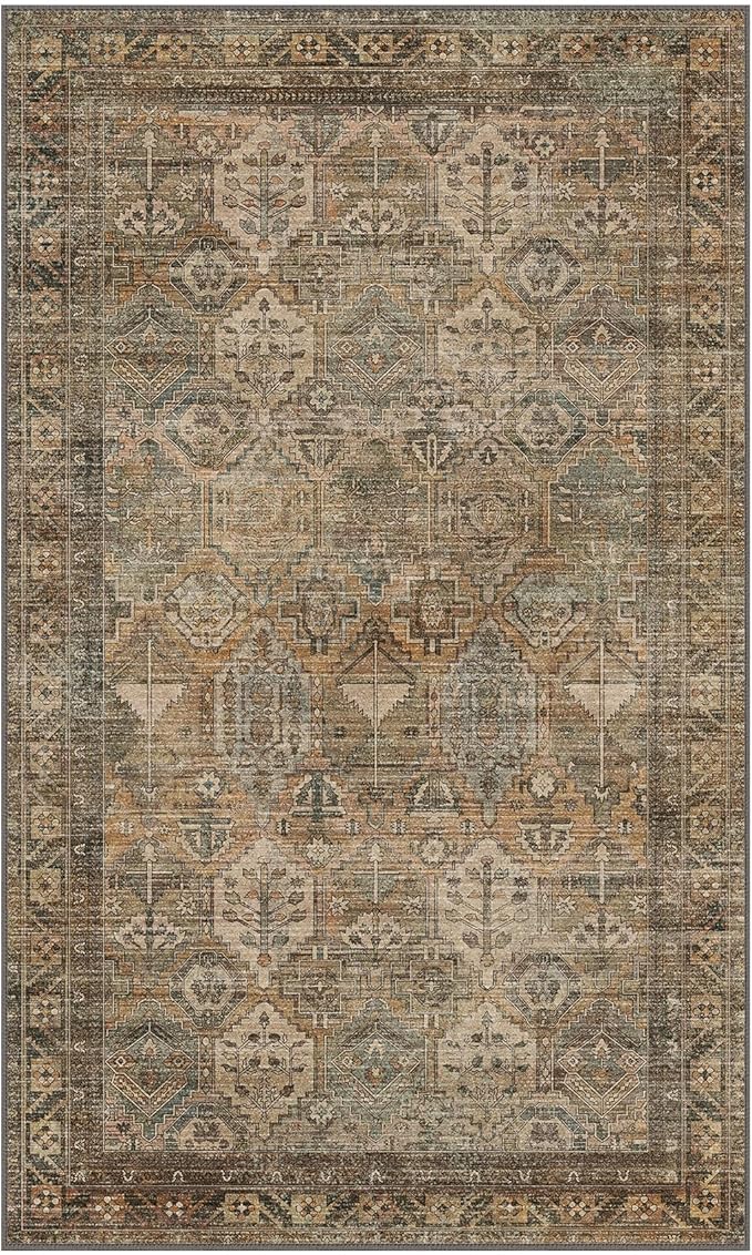 Bavni Washable Rug 3x5 Area Rug for Living Room Bedroom Dining, Washable Vintage Print Carpet, Ultra-Thin Chenille Low Pile Lightweight Rug with Non Slip Backing, Warm Taupe