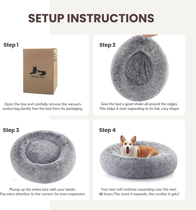 Donut Dog Bed Medium Size Dog 36 Inch, Round Cat Beds for Small Medium Dogs and Cats with Washable Fluffy Faux Fur, Cute Comfort Pet Bed with Anti-Slip Bottom, Grey