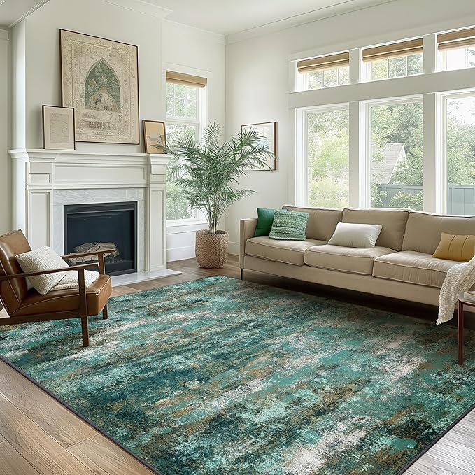 Machine Washable Rug 5x7 Area Rugs for Living Room Bedroom, Large Turquoise Abstract Area Rug Soft Throw Rugs, Low-Pile Floor Carpet with Non Slip Rubber Backing
