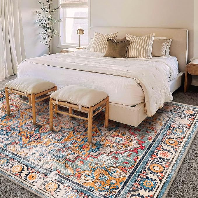 Washable Area Rug 10'x14' Boho Chic Medallion Distressed Design Non-Shedding Easy Care Ideal for High Traffic Areas in Living Room Bedroom Office Coffee Table Large Carpet