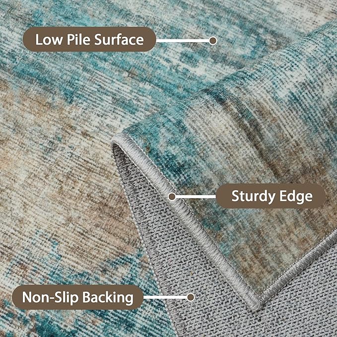 Area Rugs 3x5 for Living Room Bedroom, Modern Abstract Machine Washable Rug, Soft Low Pile Floor Carpet with Non Slip Backing for Entryway, Teal/Grey