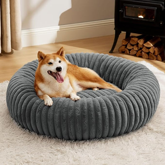 Bedsure ComfyFleece Donut Large Dog Bed - Washable Faux Fur with Corduroy Fleece & Anti Slip Bottom, Round Pet Bed with Removable Cover, Warm Grey, 36x36x8 inches