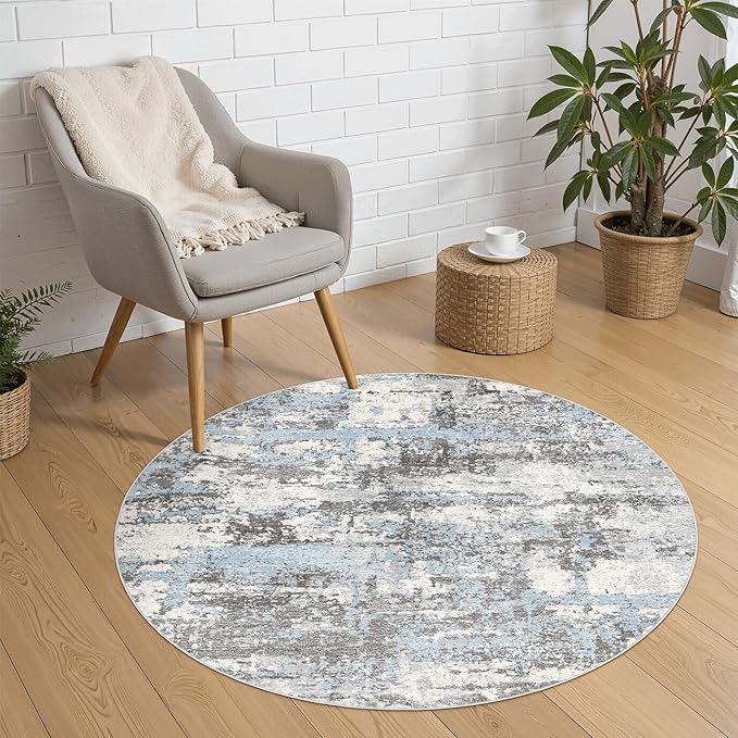4ft Round Area Rugs for Living Room: 4x4 Abstract Washable Rug Modern Large Soft Stain Resistant Non-Slip Backing Machine Table for Bedroom Dining Room Indoor Home Office Carpet - Blue Grey
