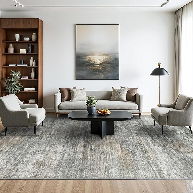 Area Rugs 3x5 for Living Room Bedroom, Indoor Modern Abstract Machine Washable Rug, Small Soft Low Pile Floor Carpet with Non Slip Backing for Entryway, Ash Gray Brown