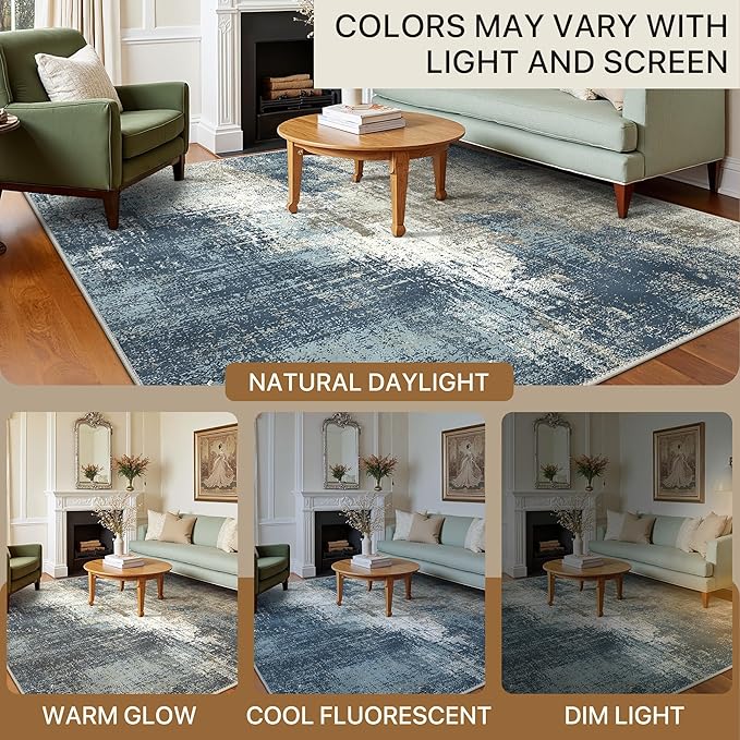 Area Rugs 8x10 for Living Room Bedroom, Modern Abstract Machine Washable Rug, Large Soft Low Pile Floor Carpet with Non Slip Backing for Dining Room, Slate Blue