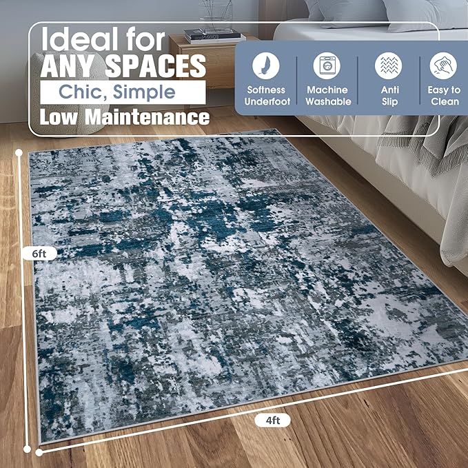 4x6 Area Rugs for Living Room Rug Washable: Abstract Rug for Dining Room Bedroom Carpet Non Slip 4 by 6 Indoor Modern Nursery Home Office Navy Grey