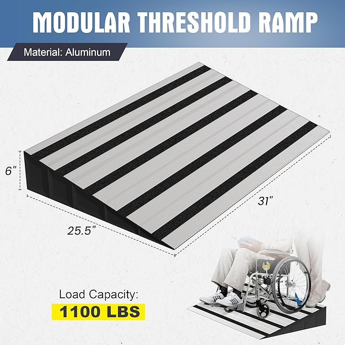 6" Rise Modular Threshold Ramp for Doorways, Stable Wheelchair Ramp for Home Steps, Aluminum Door Ramp and Curb Ramp for Scooters, Power Chairs, Cars, 1100LBS Load Capacity