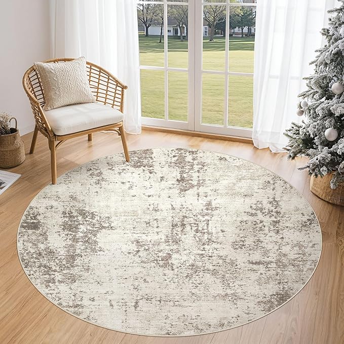 5ft Round Area Rug Living Room Rugs - 5x5 Washable Neutral Modern Abstract Soft Thin Rug Indoor Floor No Slip Rug Carpet for Bedroom Under Dining Table Home Office Decor - Dark Brown