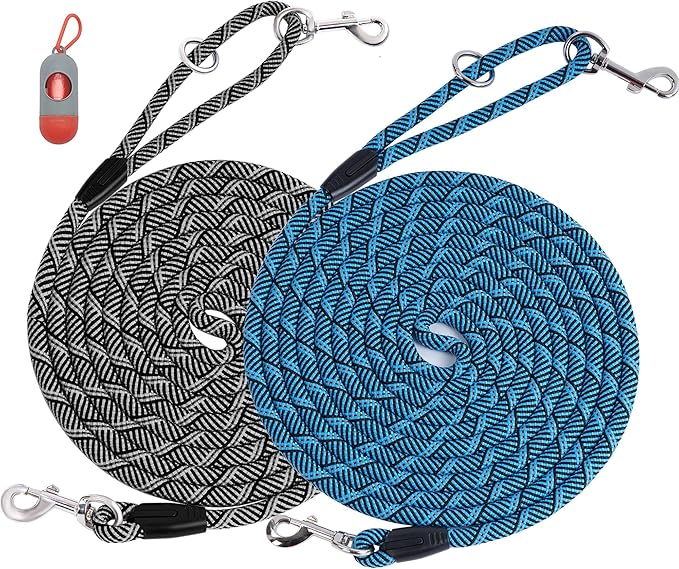 2 Pack Long Dog Leash for Training - 15FT/30FT/50FT, Reflective Rope Check Cord for Large, Medium & Small Dogs - Tie-Out Cable Lead for Hunting, Camping or Backyard