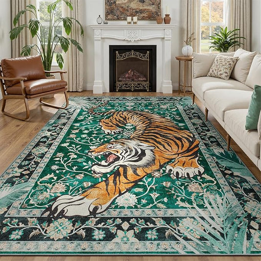 DCX Washable 5x7 Tiger Area Rug, Green Vintage Animal Rug for Living Room, Soft Low Pile Carpet, Kid & Pet Friendly with Rubber Back Non Slip, Tiger Rug for Bedroom Dining Room Office