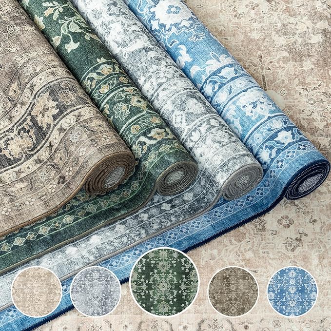 Lessymo 6x9 Area Rugs for Living Room, Machine Washable Non Slip Rug, Soft Low Pile Carpet for Bedroom Dining Home Office, Vintage Dark Green Distressed Floral Floor Mat