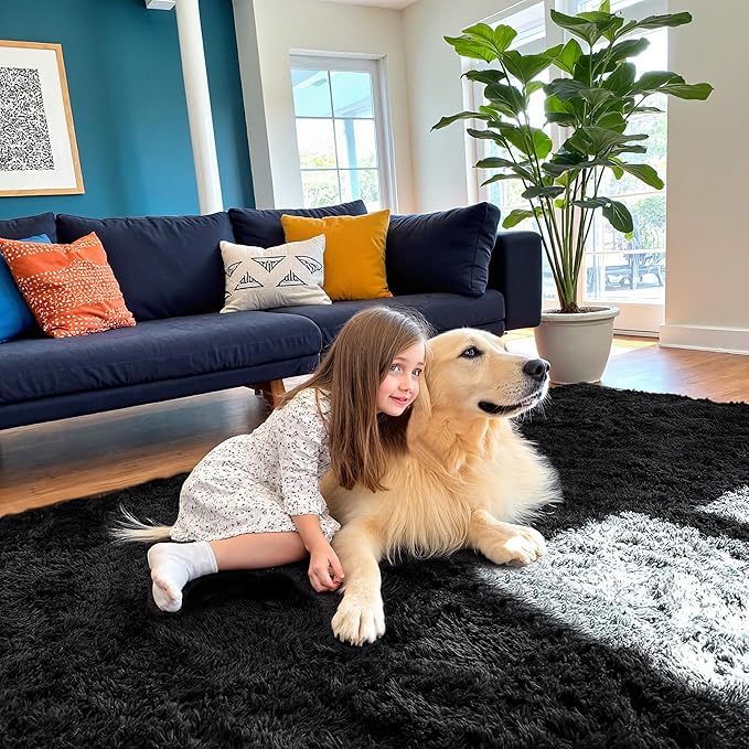 6x9 Area Rug for Living Room, Modern Black Shag Shaggy Plush Carpet Washable Non-Slip Large Rug Super Soft Indoor Fuzzy Fluffy Carpet for Bedroom Home Aesthetic Decor