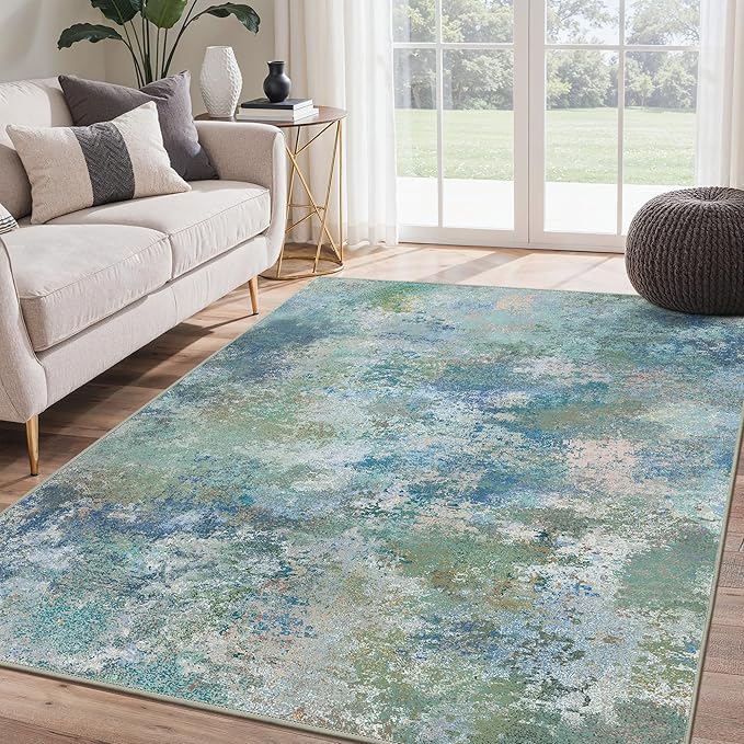 Area Rugs 7'6"x9'6" for Living Room Bedroom, Modern Abstract Machine Washable Rug, Large Soft Low Pile Floor Carpet with Non Slip Backing for Dining Room, Blue Green