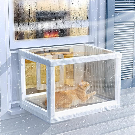 GDLF Winter Cat Window Box – Cat Window Perch Catio with Windproof Cover & Door, Fits 24.3–38.8" Openings (Min Height 16")
