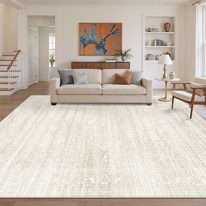 9x12 Area Rugs for Living Room, Washable Vintage Floral Non-Slip Low Pile Natural Rug Soft Throw Large Carpet for Dining Room Bedroom Farmhouse Home Office (Beige/Cream, 9'x12')