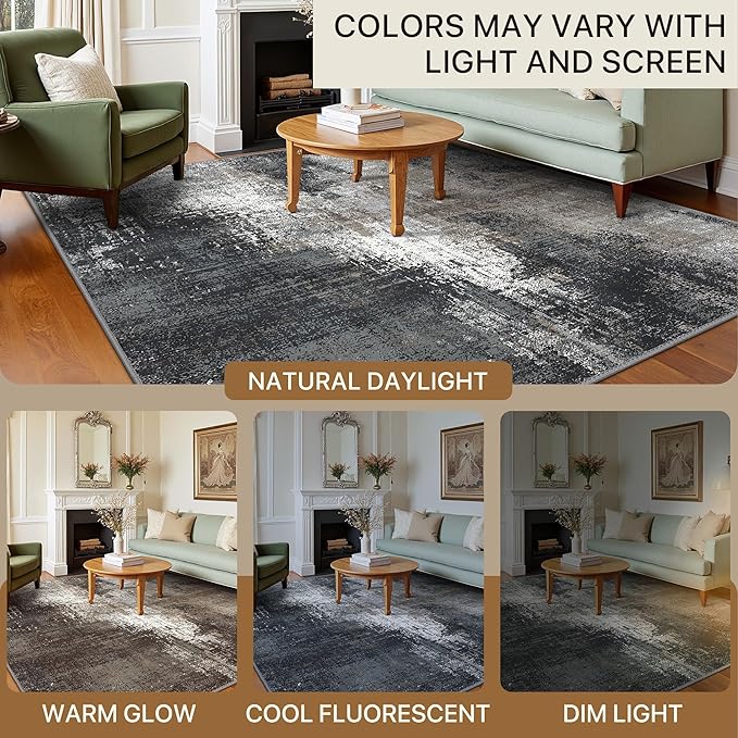 Area Rugs 9x12 for Living Room Bedroom, Modern Abstract Machine Washable Rug, Large Soft Low Pile Floor Carpet with Non Slip Backing for Dining Room, Black