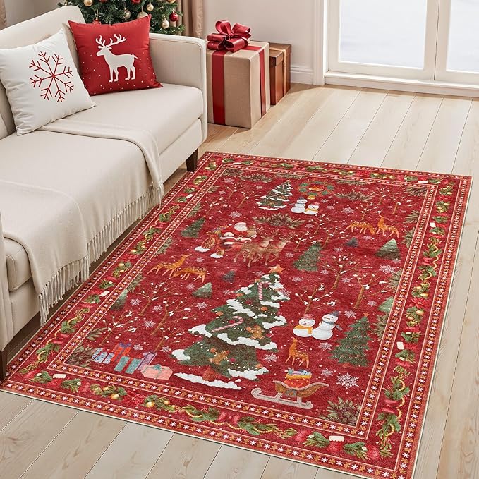 Christmas Area Rug Living Room Rugs: 4x6 Neutral Modern Washable Festive Soft Thin Non-Slip Indoor Carpet for Bedroom Dining Table and Home Office Holiday Decor - Red