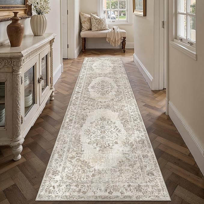 2'6"x14' Runner Rug Beige Washable Hallway Kitchen Bedroom Vintage Distressed Bathroom Non Slip Medallion Floral Carpet Indoor Retro Throw Floor Mat for Office Dining Laundry Living Room