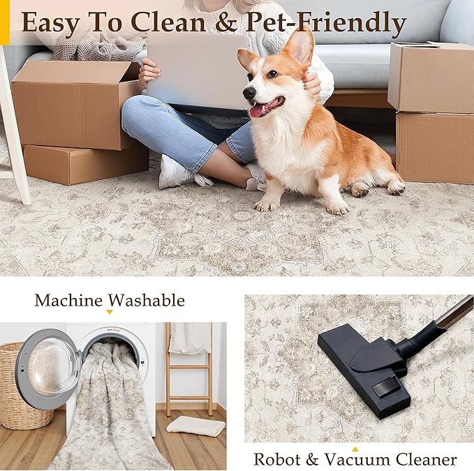 Beige Area Rug 3x4 Washable Vintage Carpet Entryway Office Soft Retro Kitchen Low Pile Thin Door Mat Non Slip Oriental Medallion Throw Small Rug for Bathroom Bedroom Dining Living Room