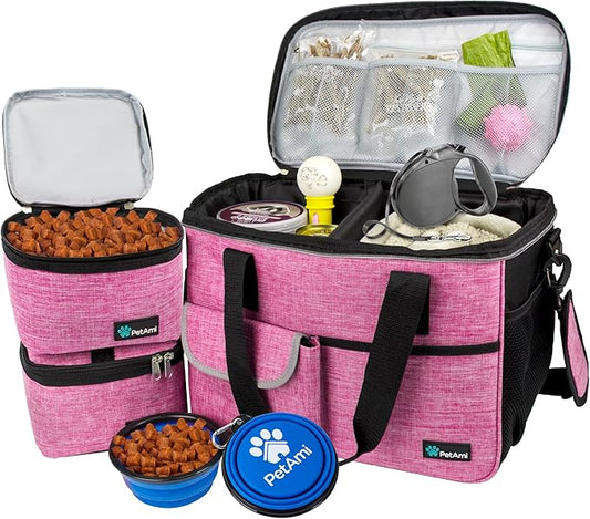 PetAmi Dog Travel Bag - Travel Pet Organizer with Food Container and Bowls, Perfect for Weekend Camping or Gifting - Pink, Medium