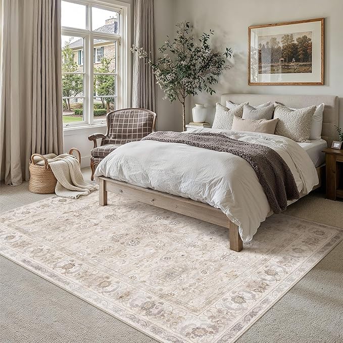 6x9 Area Rug Beige Washable Vintage Living Room Carpet Bedroom Large Indoor Non Slip Soft Low Pile Thin Stain Resistant Distressed Accent Throw Rug for Dining Office Nursery