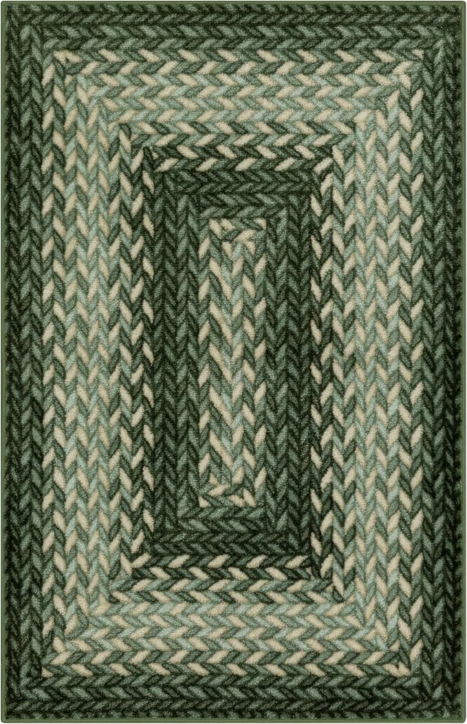 Maples Rugs Marion Bohemian Braided-Style Print Area Rug ??Made in USA ??Washable, Non-Slip Low-Profile Small Indoor Rug for Entryway & Kitchen, 46" x 30", Green