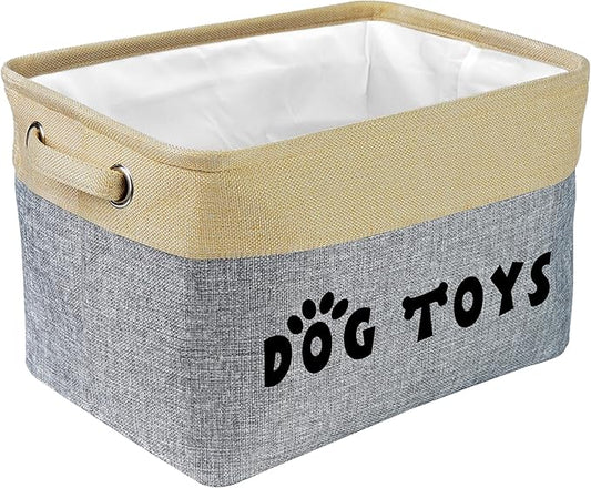 PET ARTIST Dog Toy Basket, Collapsible Dog Toy Bin Box with Comfortable Handles, Large Pet Toy Storage Basket Organizer for Accessories, Toys, Coat & Clothing, Blanket & Leash, Gray, 15"x11"x9"